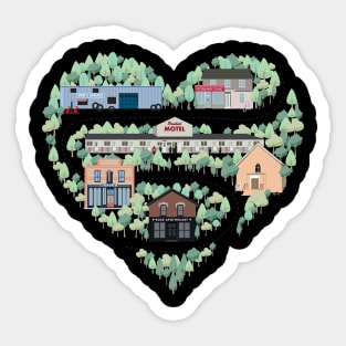 I Love the Town of Schitt's Creek, where everyone fits in. From the Rosebud Motel to Rose Apothecary, a drawing of the Schitt's Creek Buildings Sticker